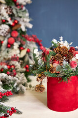 Christmas composition with pine needles in a red box on a blue background