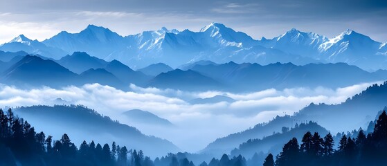 Misty Mountain Range in the Himalayas with Cloud Layers