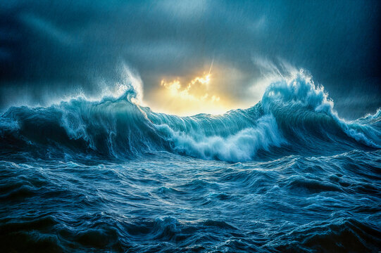 Vague sur la mer avec un coucher de soleil