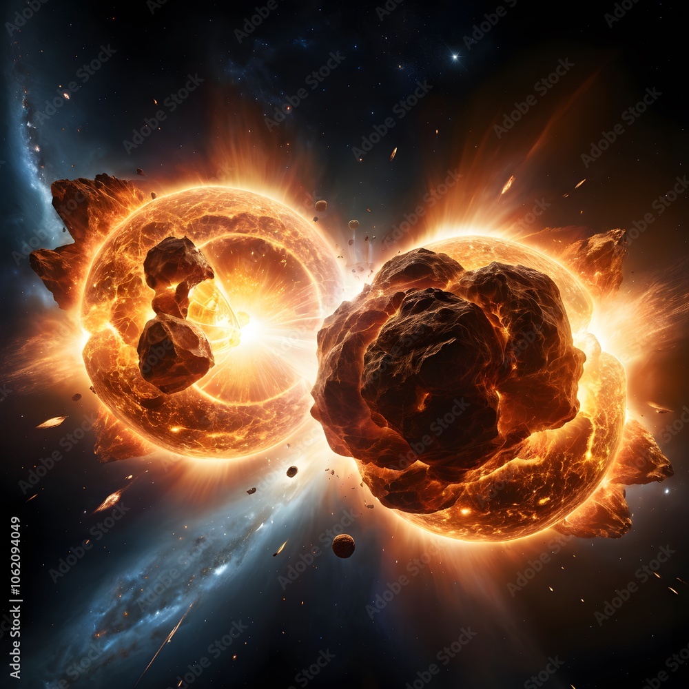 Aufkleber Two Large Glowing Objects Colliding Creating an Explosive Visual Display Perfect for Science Fiction and Action Themes
