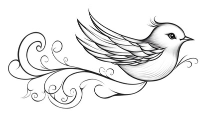 Fototapeta premium Elegant black and white illustration of a flying bird with flowing swirls.