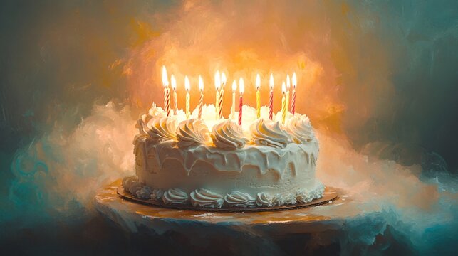 A beautifully lit birthday cake adorned with candles, surrounded by a dreamy, atmospheric background.