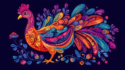 Fototapeta premium Vibrant and colorful artistic peacock illustration with intricate feather details.