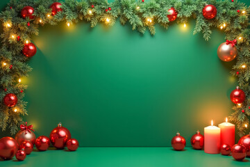 Christmas decoration on a green background, balloons, garland, lights, candles, minimalism