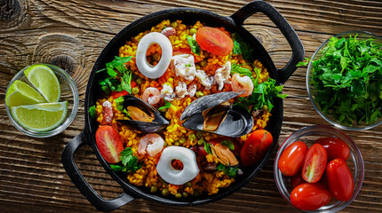 Seafood paella served in a cast iron pan