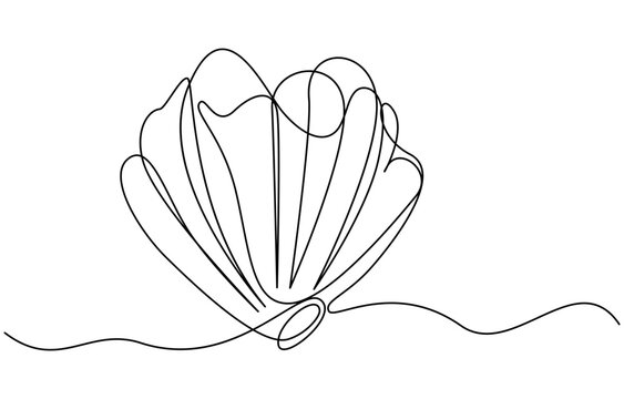 Continuous one line drawing of open oyster shell with pearl. Seashell symbol and banner of beauty spa and wellness salon in simple linear style, Continuous unilinear pattern of shells. Scalloped pearl