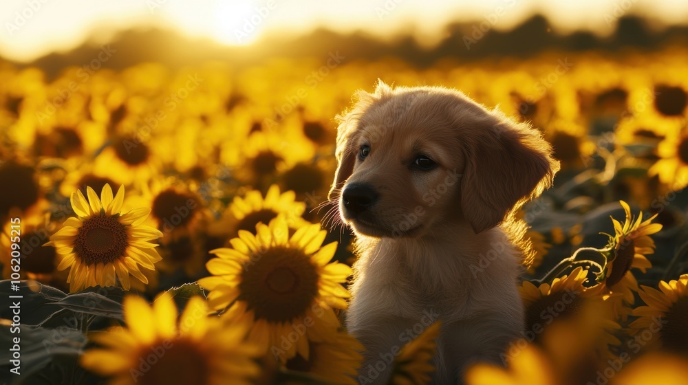 Wall mural Puppy in Sunflower Field.