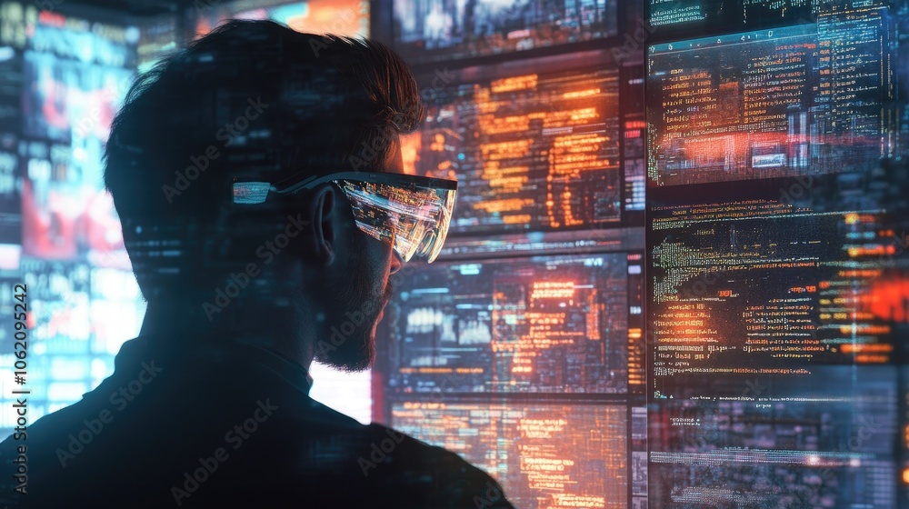 Fototapete Man intensely analyzing code on multiple screens, code reflections visible in glasses, complex programming setup