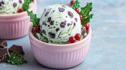 Festive mint chocolate chip ice cream decorated with edible candy holly leaves and berries
