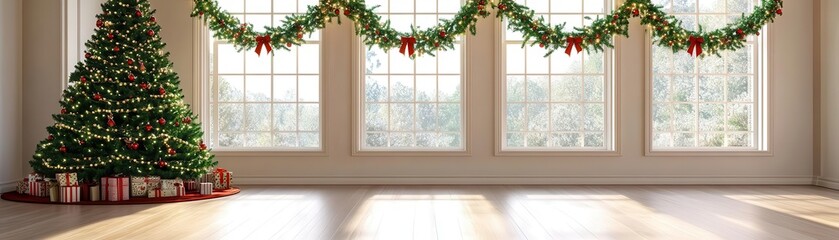 Fototapeta premium Festive family room with grand Christmas tree and garlands over windows, 3D illustration