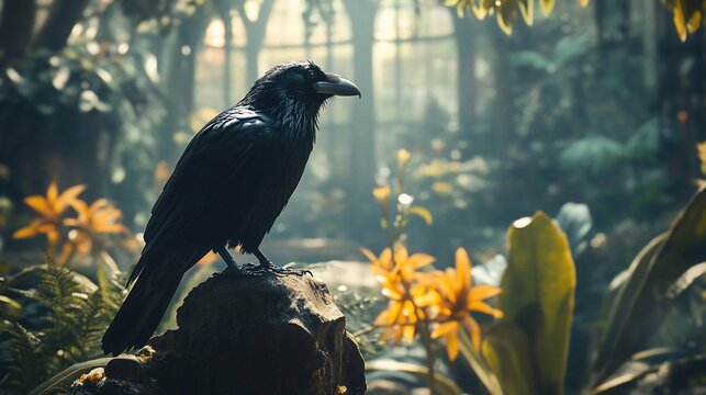 A black crow perched on a rock in a lush garden with yellow flowers and a misty background.