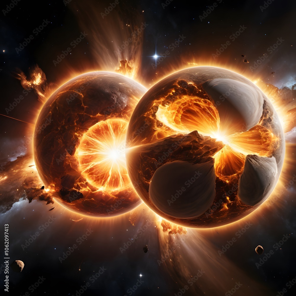 Poster Dramatic Scene of Two Large Glowing Objects Colliding with Explosive Light Bursts for Science Fiction and Futuristic Concepts