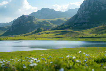 A grassy landscape surrounding a lake, with grazing cows and rolling green hills in the background.