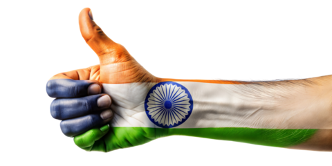 Thumbs-Up Hand Painted with an Indian flag, isolated on a white background with a clipping path. 