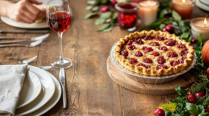 Enjoying a festive gathering with delicious cherry pie and fine wine on a cozy table setting