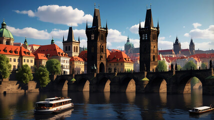 Fototapeta premium A boat is sailing down a river with a bridge in the background.