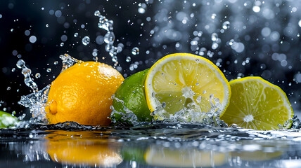 Close-ups of Lemon and Lime Slices Splashing and Dropping into Sparkling Fizzy Water, Refreshing Citrus Burst on Dark Background Ads, Social Media, Packaging, Banners, Websites, Menus