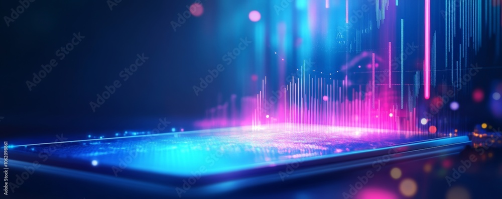 Poster abstract tablet screen with futuristic neon lights and data visualizations