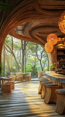 Fototapeta premium Tropical Restaurant Interior with Thatched Roofs and Natural Materials.