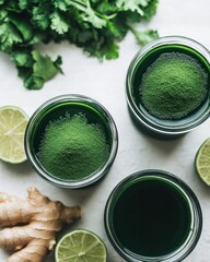 A zesty algae-based tonic featuring chlorella, ginger, and lime, providing a refreshing, detoxifying beverage that supports gut health and hydration, ideal for daily wellness