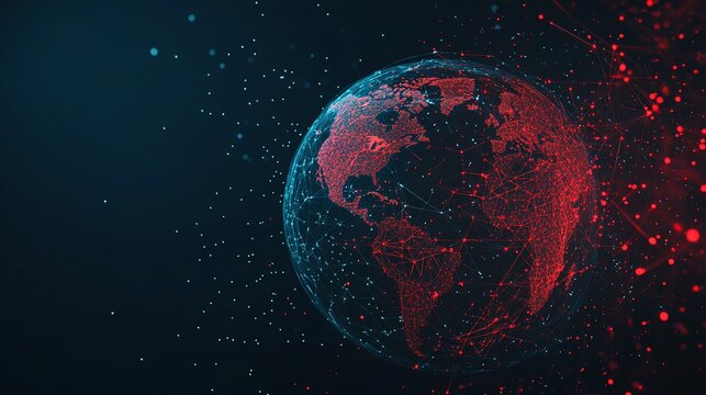 Fototapeta Abstract 3D Earth globe with red network connection lines and blue digital dots in dark blue background.