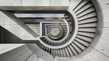 Fototapeta premium Brutalist Building with Heavy Concrete Spiral Staircase and Rectangular Geometry in Soft Light