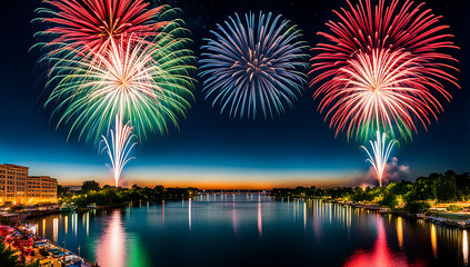 Fototapeta premium a vibrant cityscape photograph featuring a nighttime skyline with a series of large, colorful fireworks exploding in the sky. The fireworks display a range of colors,