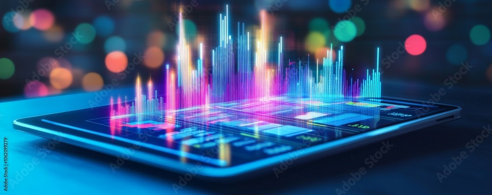 Aufkleber digital tablet displaying vibrant data visualization with abstract background lights