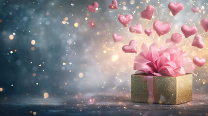 Fototapeta premium Festively wrapped gift box with pink ribbons and floating hearts on a shimmering background