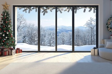 Fototapeta premium Living room with snowy view, holiday decorations on large windows, 3D illustration