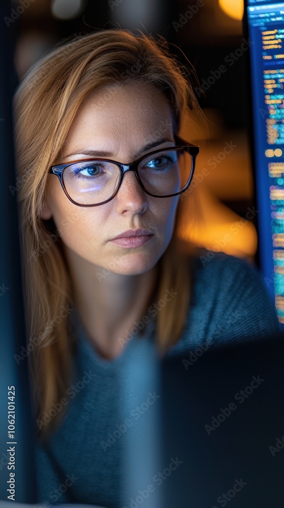 Poster focused professional analyzes data on computer screens for insights and solutions in a modern worksp