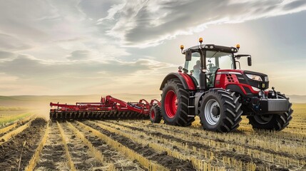 Obraz premium Modern red tractor tilling field at sunset with dramatic sky.