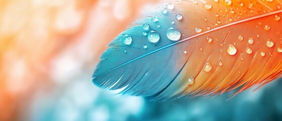 Obraz premium A tight shot of a blue-orange feather, adorned with water droplets Feathers are prominently displayed in the foreground