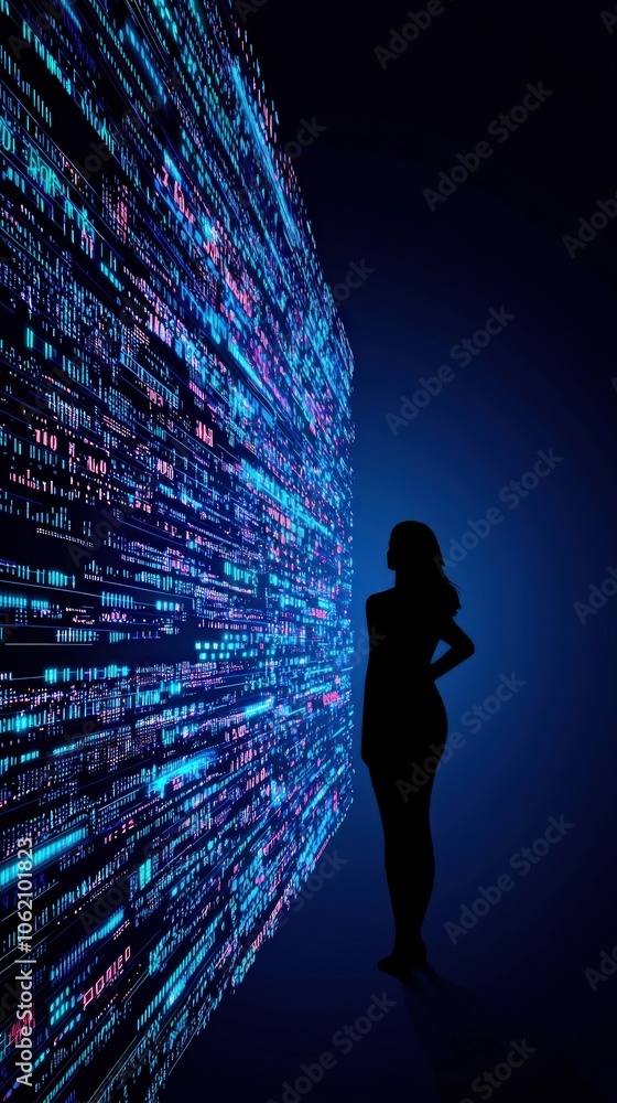 Poster an individual explores the digital landscape of data visualizations in a captivating technological e