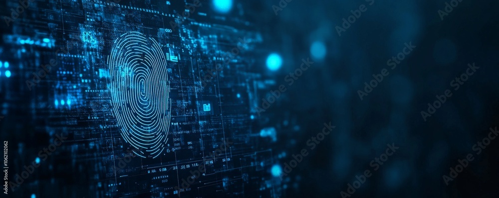 Poster digital fingerprint scan with blue glowing lines on a dark background