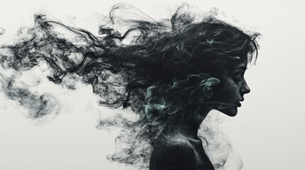 Fototapeta premium Ashtray shown in black and white ink spread heavily with green jump against white stark background. Smoke forms the shape of a long haired woman. Full back tattoo with multicolored ink.