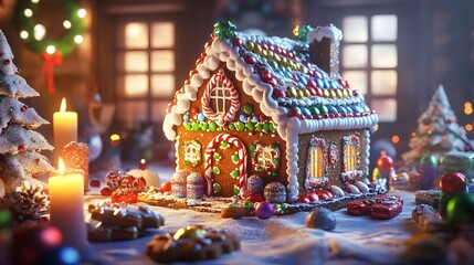 Fototapeta premium Whimsical Gingerbread House Adorned with Colorful Candy and Icing, Bathed in Warm Candlelight, Invoking Cozy Holiday Cheer, Perfect for Festive Digital Art Wallpaper