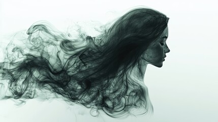 Fototapeta premium Ashtray shown in black and white ink spread heavily with green jump against white stark background. Smoke forms the shape of a long haired woman. Full back tattoo with multicolored ink.