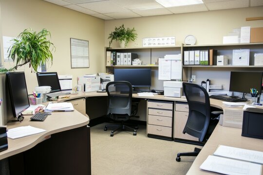 Clean office visual with desks, chairs, notebooks and plants