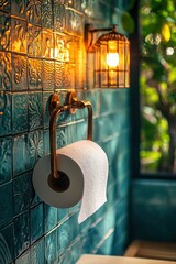 Antique Brass Toilet Paper Holder with Houseplant and Soft Lighting in Calming Bathroom Setting.