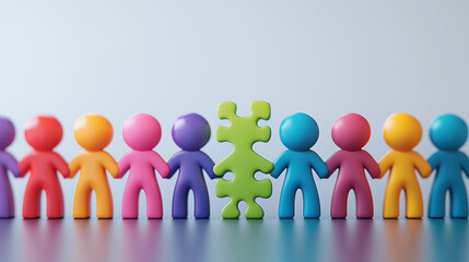 Colorful figurines holding hands with a green puzzle piece, symbolizing teamwork, unity, and collaboration.