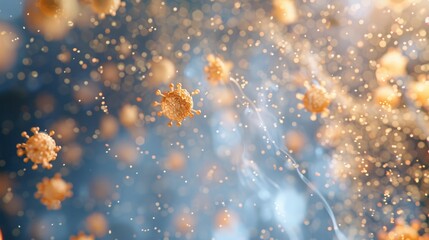 A macro shot of Influenza C virus particles, lightly dispersed in the air, revealing the intricate textures and scattered formation of these flu-causing germs