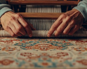 Artisan Hands Weaving White Cord on Wooden Loom, Traditional Craftsmanship Closeup, Warm Earthy Tones, Textile Artistry Concept