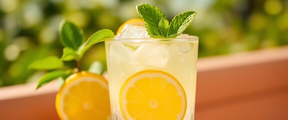 Fototapeta premium A refreshing iced lemonade wallpaper with fresh lemon slices and mint leaves, set against a sunny background.