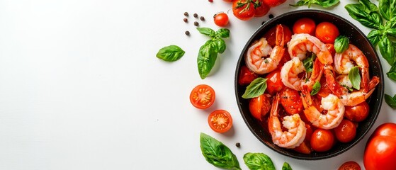  A bowl of shrimp, tomatoes, and basil on a white surface Basil and additional tomatoes beside it