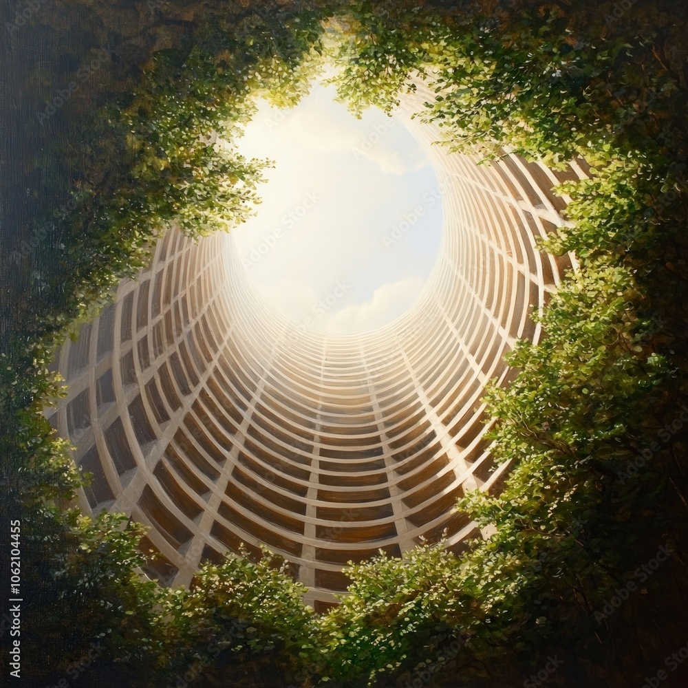 Poster nature flourishes within urban architecture as sunlight breaks through the canopy of greenery surrou