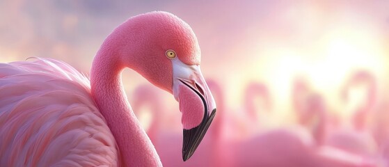 Naklejka premium A tight shot of a pink flamingo against a backdrop of indistinct flamingos