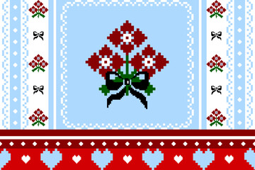 Traditional Pixel Art Floral Pattern with Hearts, Cross-Stitch Style