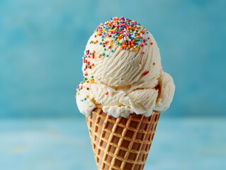 Delicious Vanilla Ice Cream Cone with Colorful Sprinkles - Festive Treat on Blue Background