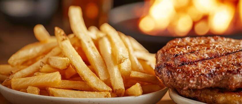  A hamburger and French fries are placed before an open firefire pit in a restaurant